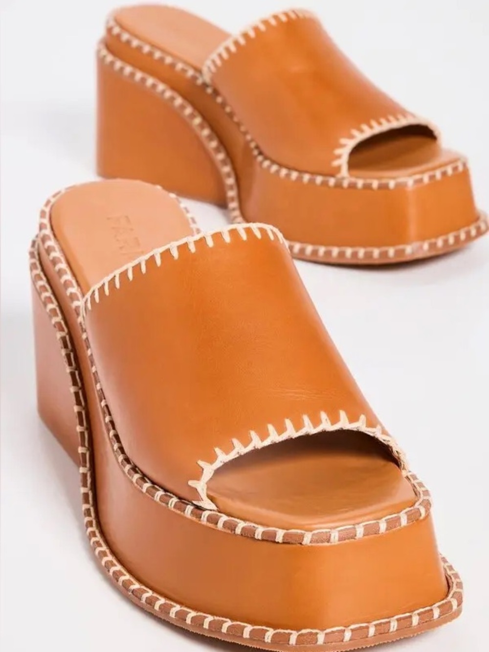 FARM Rio Orange Leather Wedge Slide Mules with White Whipstitch in Size 8
